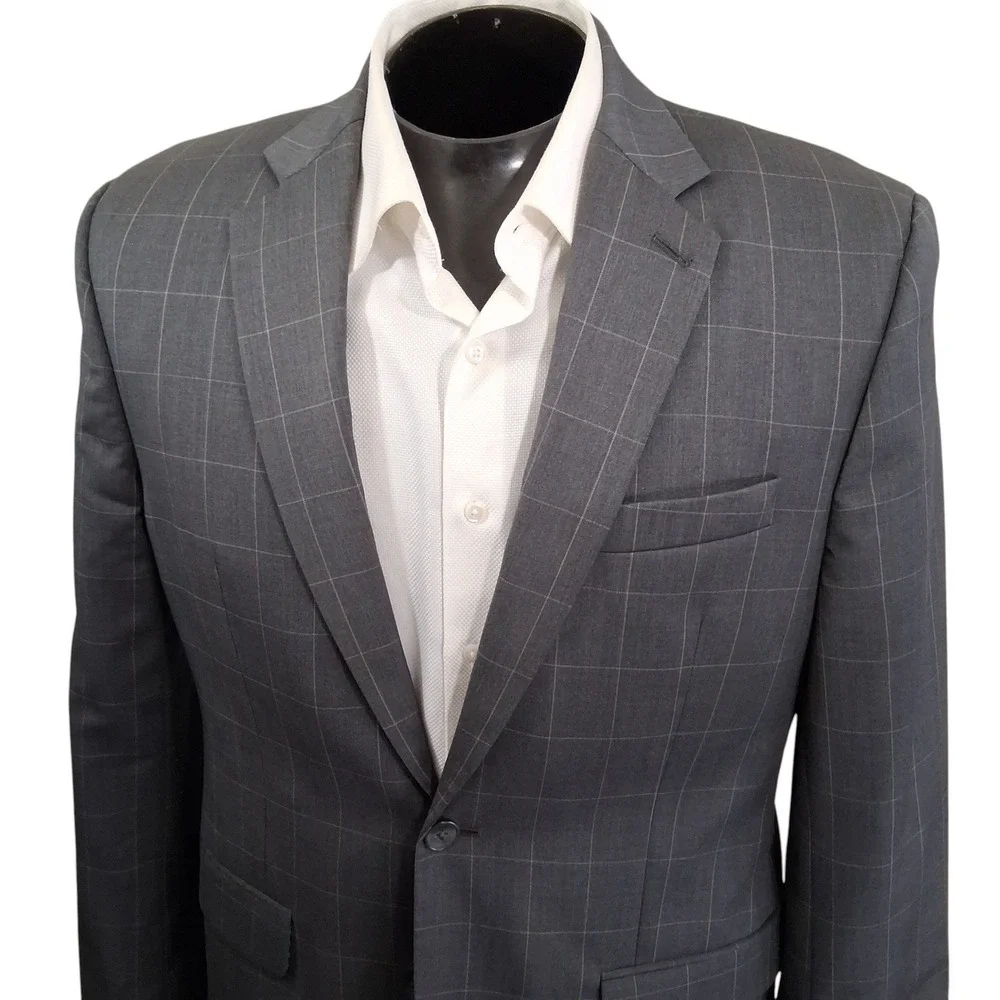 Joe Joseph Abboud Sport Coat Mens 40R Gray Windowpane Wool Blazer Double Vent